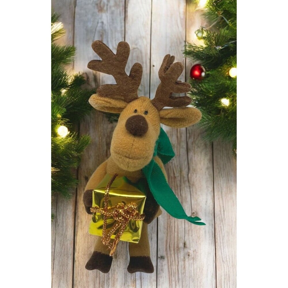 Reindeer Plush Christmas Tree Ornament Holding Gold Gift Box with Green Scarf